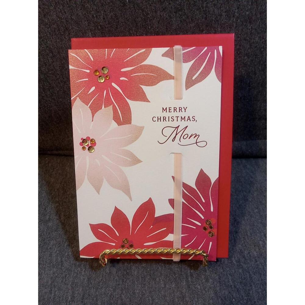 Hallmark Card Envelope White Red Pink To MOM "Merry Christmas Mom" Floral Gems